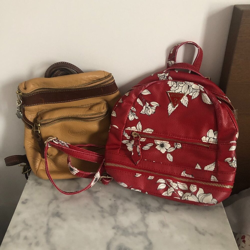 Lot of 2 Backpacks Roots Genuine Leather Tan & Guess White Floral Red Bag Spring